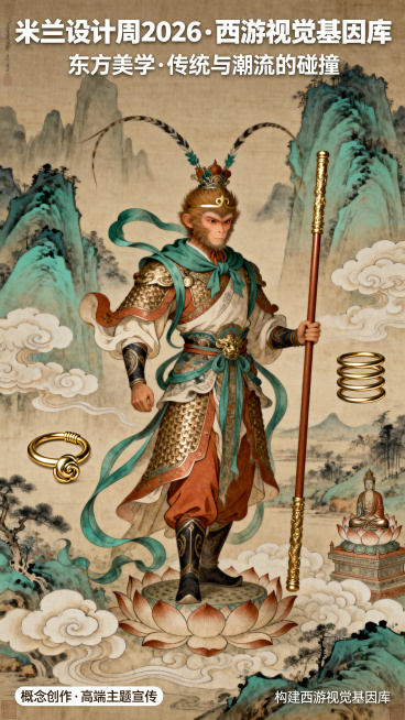 米兰设计周2026概念创作，西游主题AI角色场景设计，构建西游视觉基因库，融合中国古代传统工笔国画风格，重新创作独特小众的电商海报，融入传统西游记文化符号，兼具当代国际设计潮流感，艺术感高级，视觉冲击预览效果