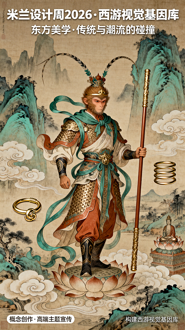 米兰设计周2026概念创作，西游主题AI角色场景设计，构建西游视觉基因库，融合中国古代传统工笔国画风格，重新创作独特小众的电商海报，融入传统西游记文化符号，兼具当代国际设计潮流感，艺术感高级，视觉冲击力强，核心价值传递东方美学，结合古画构图与色彩，设计独特不流于大众，适合高端主题宣传