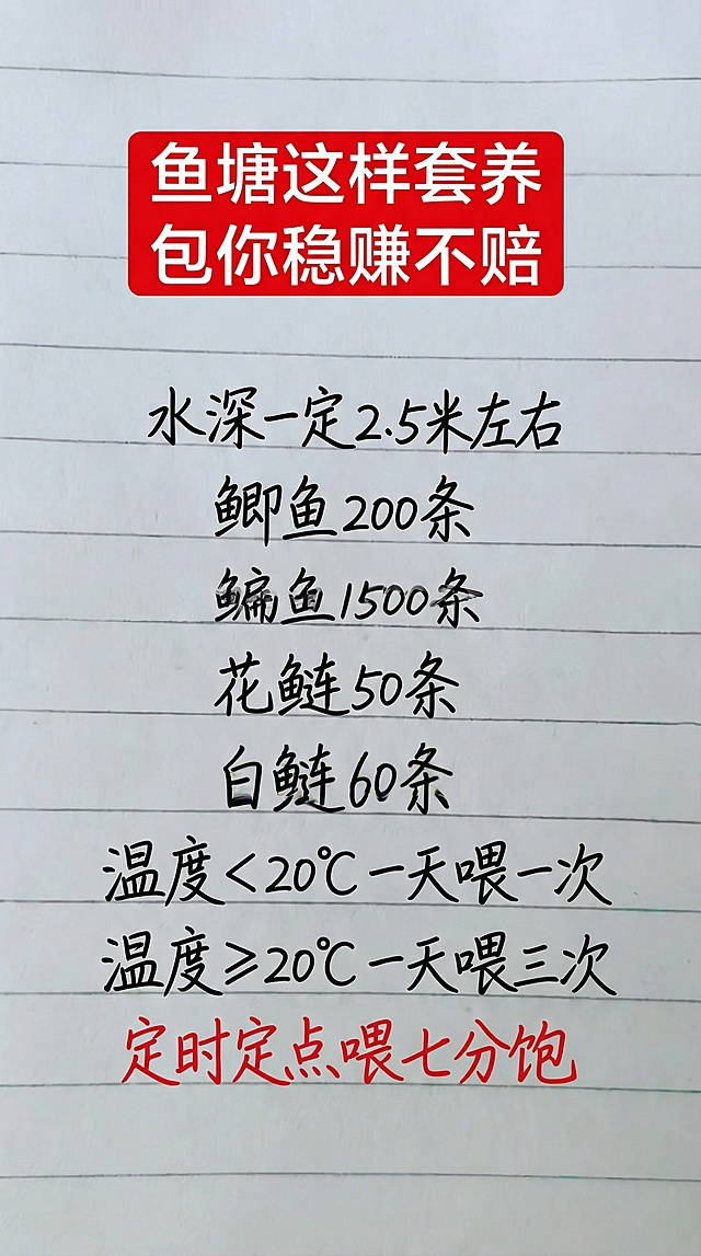 鱼塘这样套养
包你稳赚不赔
水深一定2.5米左右
鲫鱼200条
鳊鱼1500条
花鲢50条
白鲢60条
温度<20°C一天喂一次
温度≥20°C一天喂三次
定时定点喂七分饱
参照图片字体和颜色，用以上内容替换生成新的图片，要求排版布局合理，一字不差！