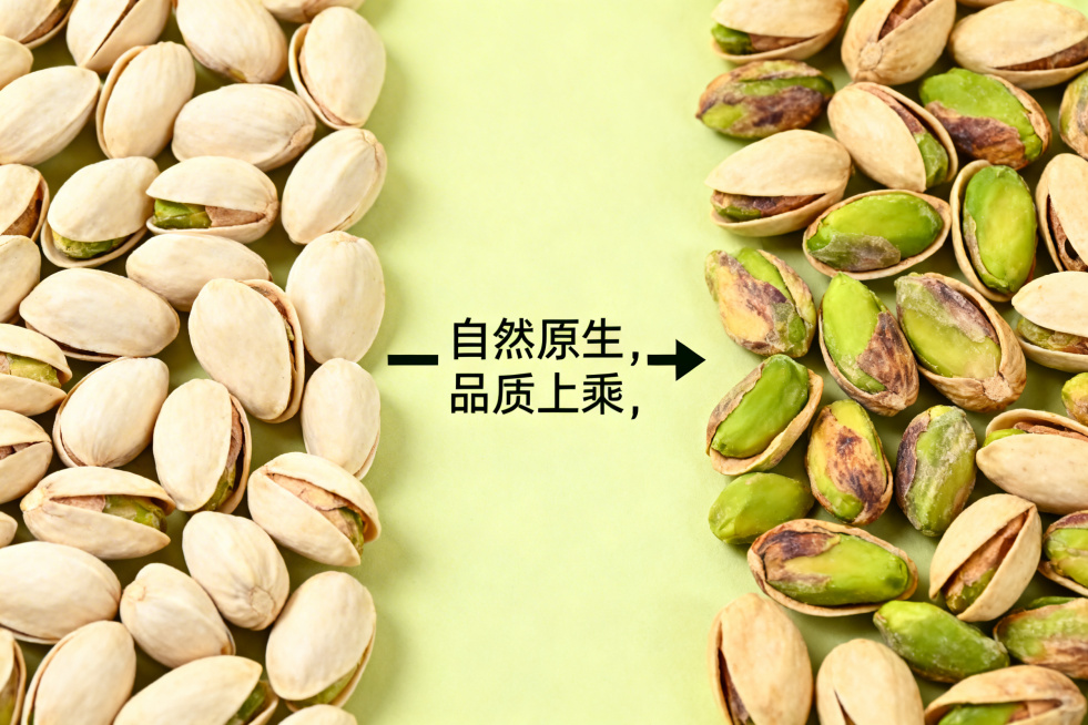 开心果品质对比展示，左侧呈现经过处理的开心果，外壳颜色均匀浅淡，右侧展示本款自然生长的开心果，外壳带有天然的深浅色泽，果仁饱满青绿，用对比箭头突出“自然原生，品质上乘”预览效果