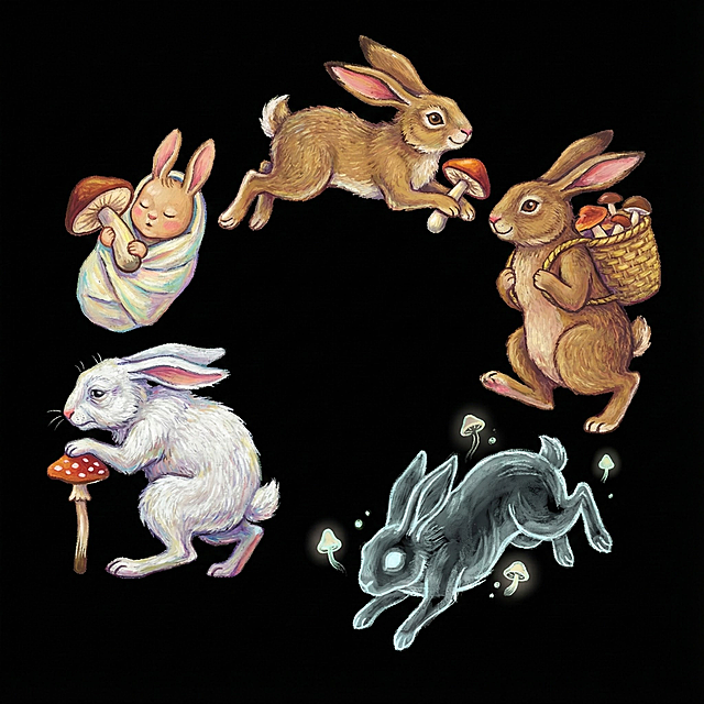 帮我生成五只油画棒插画风格兔子，以奔跑的姿态环绕成一个圆形，五只分别是幼年，青年，中年，老年，死亡的形态。背景为纯黑色，五只兔子以上一只头对着下一只的脚成环形，每只身上都有蘑菇的元素，如幼年在襁褓之中抱着蘑菇。