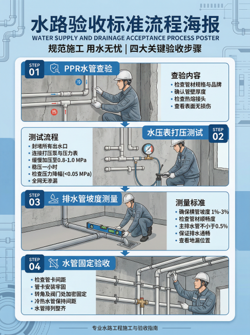 水路验收步骤海报，画面分四个模块，依次展示PPR水管查验、水压表打压测试、排水管坡度测量、水管固定场景，对应标注4个验收步骤，整体专业清晰，蓝灰主色调预览效果