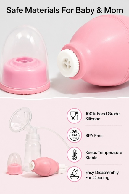 [第4屏] 材质安全页 - Breast Pump食品级材质展示。本屏使用【图1】提取硅胶部件细节。
[氛围/风格] 安全信任风，微距质感展示，真实可信的跨境电商风格。
[元素布局] 画面分为上下两个预览效果