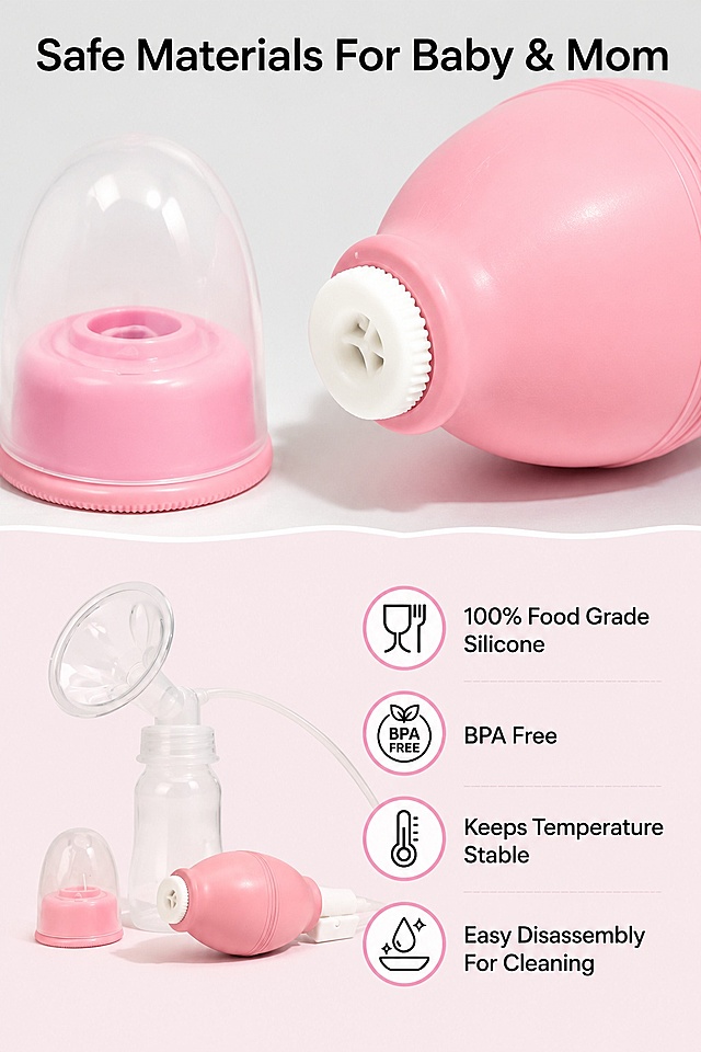 [第4屏] 材质安全页 - Breast Pump食品级材质展示。本屏使用【图1】提取硅胶部件细节。
[氛围/风格] 安全信任风，微距质感展示，真实可信的跨境电商风格。
[元素布局] 画面分为上下两个区域，上半部分放大展示粉色硅胶吸球和硅胶阀部件微距，突出材质细腻光滑质感；下半部分左侧放置产品整体小图，右侧列出核心安全卖点：100% Food Grade Silicone，BPA Free，Keeps Temperature Stable，Easy Disassembly For Cleaning。卖点搭配简约认证图标，突出安全保障。产品部件颜色、质感与输入图一致。
[光影质感] 柔侧光突出硅胶材质纹理，微距部分细节清晰，明暗对比自然，整体通透干净。
[配色色系] 全局底色 #f8f0f3，上半部分浅灰背景突出微距，下半部分浅粉区域承载信息，文字黑色，整体统一协调。
[视角构图] 上微距下信息的上下构图，景别从上到下由微距到全景，阅读动线自然流畅，信息层级清晰。
[文字版式] 顶部主标题 "Safe Materials For Baby & Mom"，下半部分卖点分点排列，每个卖点短句表达，图标搭配，文字清晰不拥挤，不遮挡微距细节。
[比例分辨率] 2:3 竖版比例，4K分辨率，文字清晰可辨，高清画质。
[负向提示词] 材质失真，颜色偏差，中文字符，文字过小，文字错乱，水印，虚假认证，背景杂乱
