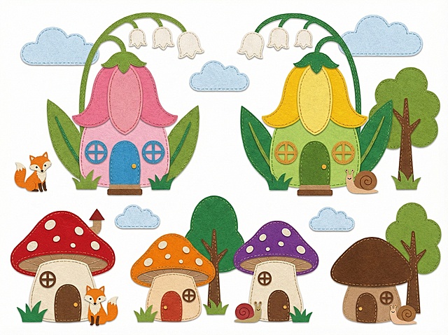 平面矢量风格，多层不织布质感，画面主体是2个不同颜色的铃兰花房子和多色蘑菇房子，白色背景