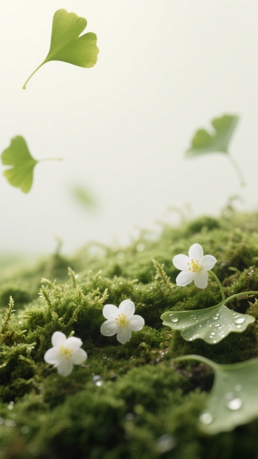 俯视角微距特写，画面底部30%区域是密集覆盖的鲜绿色天鹅绒质感苔藓，每一根叶尖都凝结着晨露，在柔和天光下闪烁着珍珠光泽；苔藓间零星绽放着三朵指甲盖大小的纯白色铃兰，花瓣边缘呈半透明的蝉翼质感，淡黄色花蕊上粘着细小的花粉颗粒；背景为70%留白的柔和浅黄绿色迷雾，几片嫩绿的银杏叶以45度角轻盈飘落，悬浮在虚化的空气感空间中，整体采用漫射柔光拍摄，光线从左上方45度角温柔洒落，在苔藓表面形成细腻的绒……预览效果