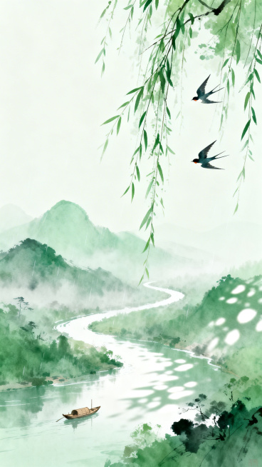 新中式风格春季垂直海报，主色调清新淡雅绿色，远方烟雨朦胧青山，蜿蜒河流上有小木舟，前景垂柳枝条和两只飞舞燕子，极简主义，大量留白，国风水墨与现代插画结合，柔和光影，斑驳树影，空灵唯美氛围，为文字排版预预览效果