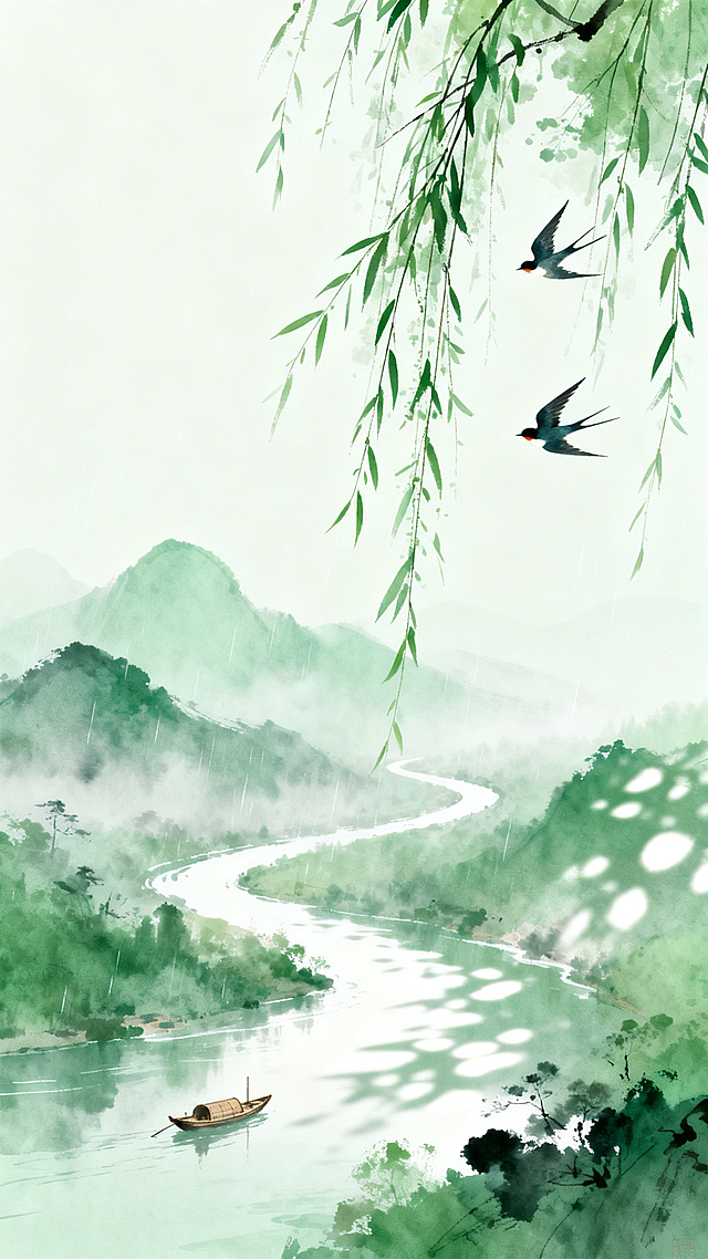 新中式风格春季垂直海报，主色调清新淡雅绿色，远方烟雨朦胧青山，蜿蜒河流上有小木舟，前景垂柳枝条和两只飞舞燕子，极简主义，大量留白，国风水墨与现代插画结合，柔和光影，斑驳树影，空灵唯美氛围，为文字排版预留空间，8k分辨率，杰作