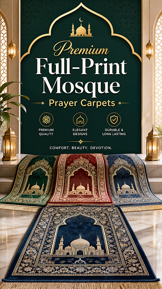 Create a top banner for an English e-commerce product detail page, showcasing full-print mosque prayer carpets in multiple colors (green, red, blue) with clear English title "Premium Full-Print Mosque Prayer Carpets", high-quality commercial display, clean layout, product-focused