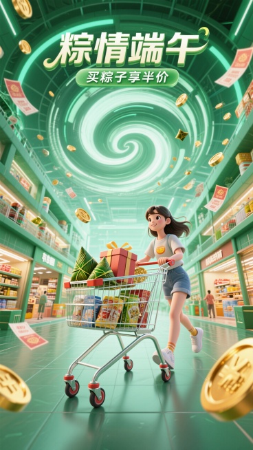 3d风格，科技感。画面文案：顶部大标题“粽情端午”和副标题“买粽子享半价”。画面视觉：一个穿着休闲装的女孩，推着购物车，购物车里装着一些粽子礼物盒和商品，周围有优惠券和金币，背后是节日氛围的漩涡，漩涡预览效果