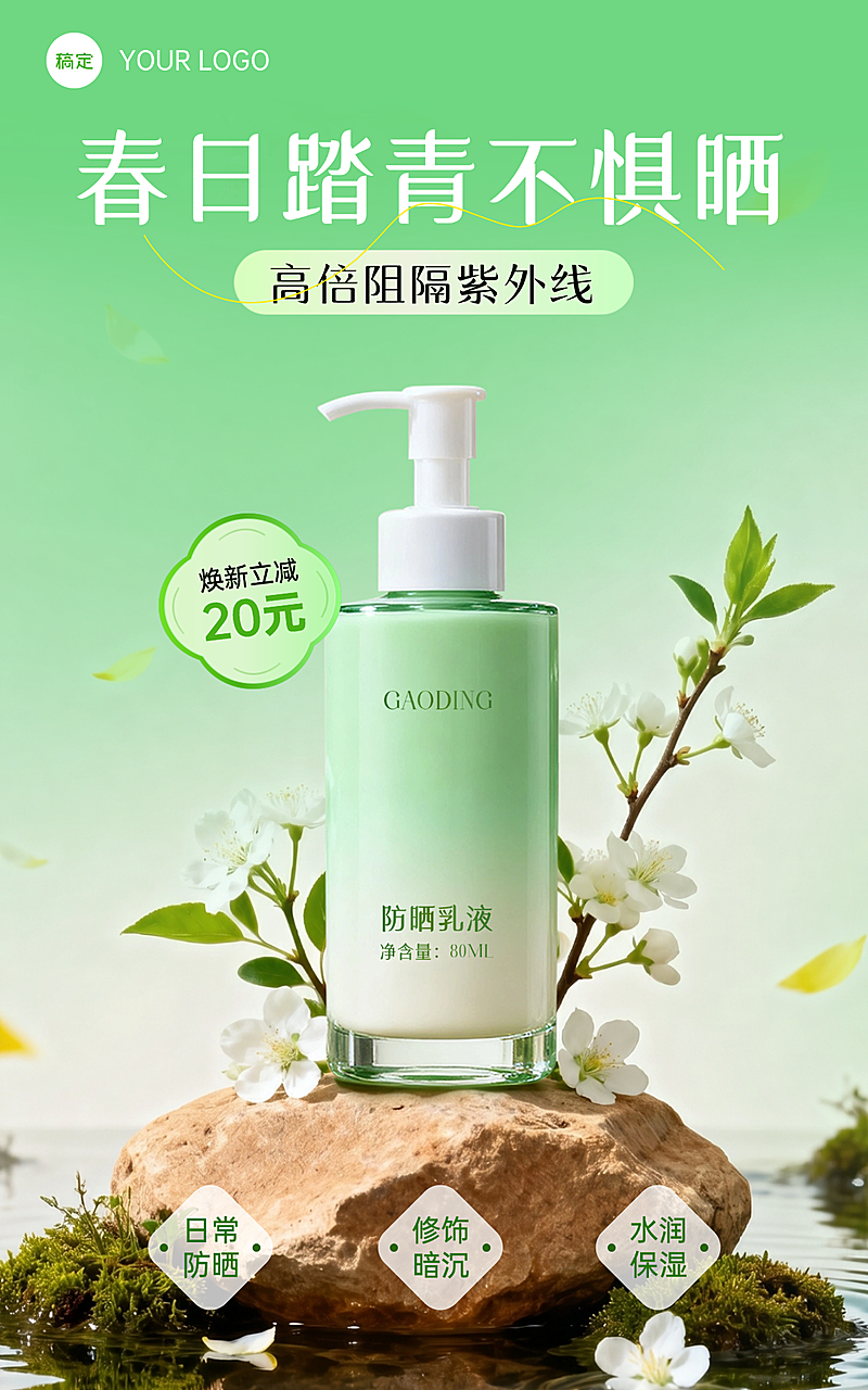 春季绿色清爽手乳护肤品竖版海报