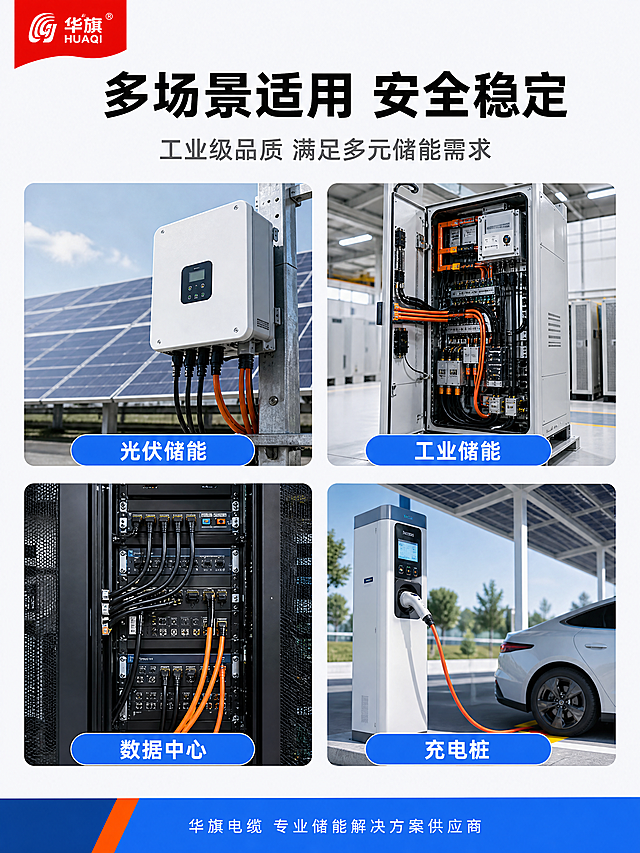 [第3张] 详情页场景适配-重庆华旗储能电缆四大应用场景展示。本张使用储能电缆作为产品元素融入各场景。
[氛围/风格] 简约工业风 场景化真实感 专业可信 商业摄影质感
[元素布局] 画面顶部标题区 中部为四宫格场景图 2行2列 每个场景中都有储能电缆作为核心元素出现 场景1 光伏电站逆变器旁电缆连接 太阳能板背景 场景2 工业储能柜内部布线 工业厂房环境 场景3 数据中心机房配电 服务器机柜背景 场景4 新能源充电站电缆连接 充电桩场景 左上角红色旗帜华旗Logo 每个场景图下方有标签 背景为浅灰色
[光影质感] 每个场景有各自真实自然光照 工业场景偏冷白光 户外光伏偏自然光 整体亮度统一 电缆在各场景中清晰可辨
[配色色系] 全局底色 #F5F7FA 浅灰 主色科技蓝 #1E6FFF 场景标签 强调色橙色 #FF6B1A 重点标注
[视角构图] 整体平视 四宫格均匀分布 每个小场景有独立视角 丰富不重复 阅读动线顶部标题 → 四宫格场景 → 底部总结
[文字版式] 顶部主标题「多场景适用 安全稳定」黑色粗体大号 副标题「工业级品质 满足多元储能需求」深灰色中号 四宫格下方分别标注 光伏储能 工业储能 数据中心 充电桩 蓝色底白字圆角标签 底部通栏小字「华旗电缆 专业储能解决方案供应商」
[比例分辨率] 3:4 竖版比例 4K分辨率 文字清晰可辨 高清画质
[负向提示词] 变形 水印 文字错乱 文字过小 产品图模糊 背景杂乱 电商平台Logo 多余手指 手部扭曲 人物面部扭曲