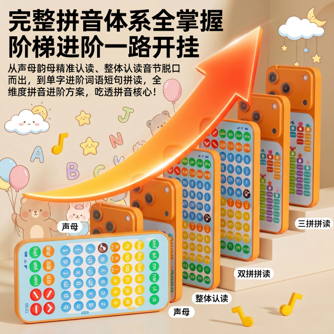 保留原图片所有文字内容和产品主体，保持文字主题和内容完全不变，仅更换为适合儿童拼音学习机的温馨明亮场景背景，替换为浅色系童趣风格背景，保持产品主体和文字位置不变，产品外观、颜色、材质、所有文案内容与原预览效果