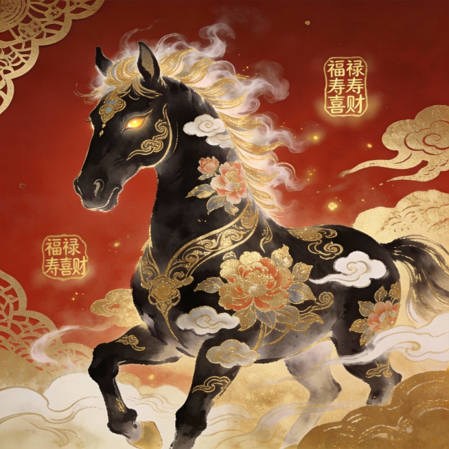 一匹神圣而充满活力的中国风新年马，融合水墨画与现代数字艺术，饰以云纹和牡丹的金箔图案，鬃毛如祥烟飘动，眼睛泛着温和的光芒，周围漂浮着“福禄寿喜财”字符，背景为深红与金色，带有剪纸纹理，动态如腾云驾雾，预览效果