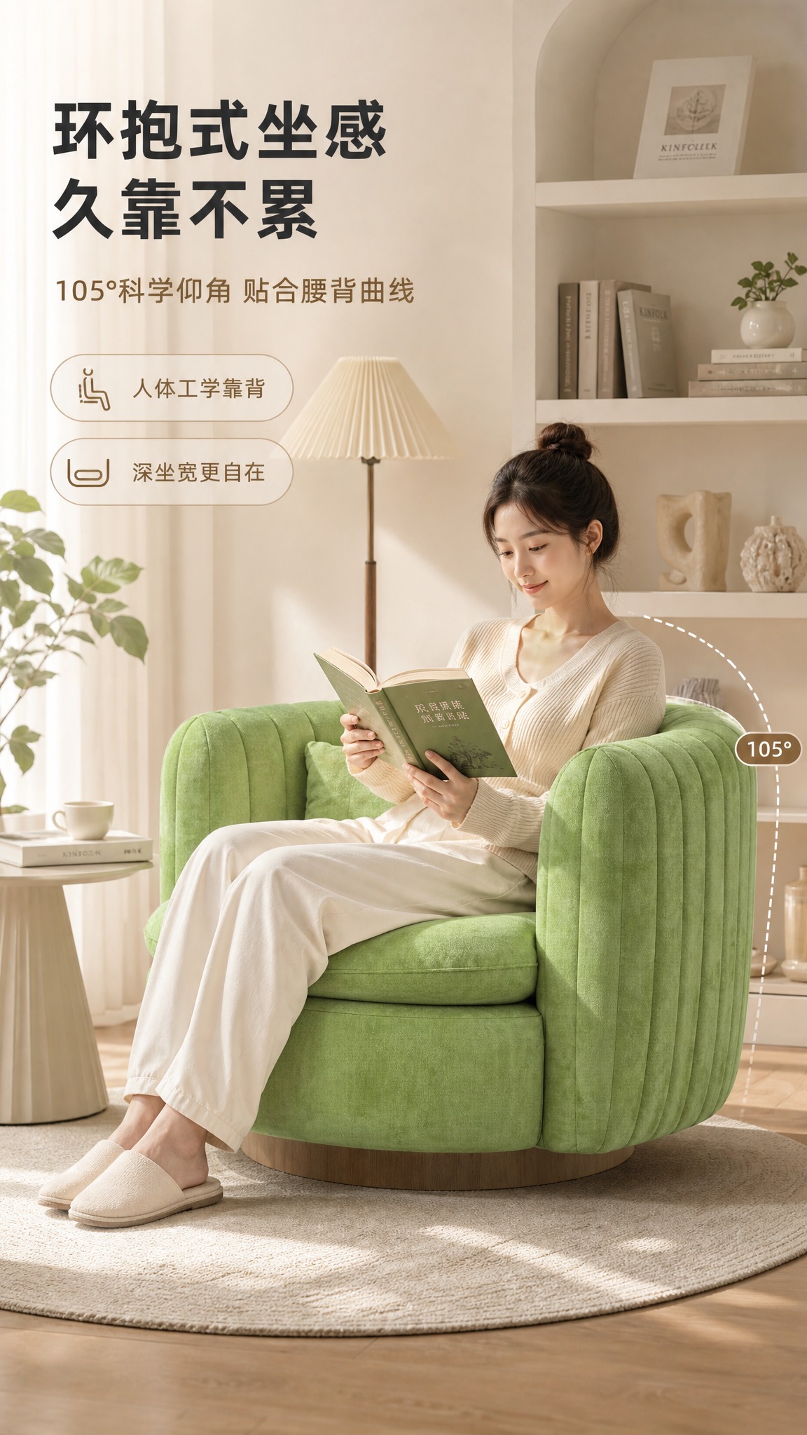[商品] 使用【图1】青柠绿绒布旋转单人沙发椅；保留圆润包裹造… - 图片创意预览