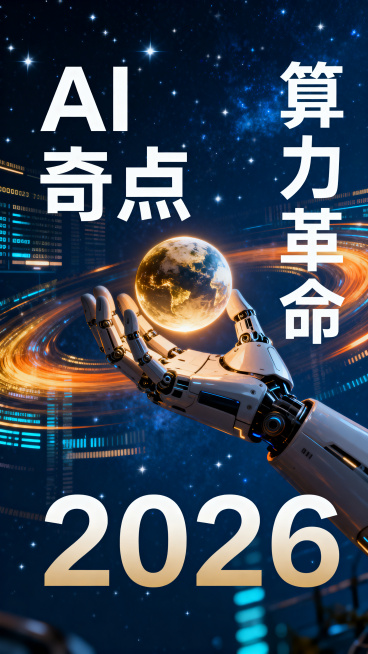 科技主题海报，深蓝色背景，一只机械手托起一颗发光星球，背景是布满星星的星空，带有流动的数据流效果，画面带有金色和橙色光晕，充满科技感与热度感，叠加文字：“AI 奇点”“算力革命”“2026”，整体是赛预览效果