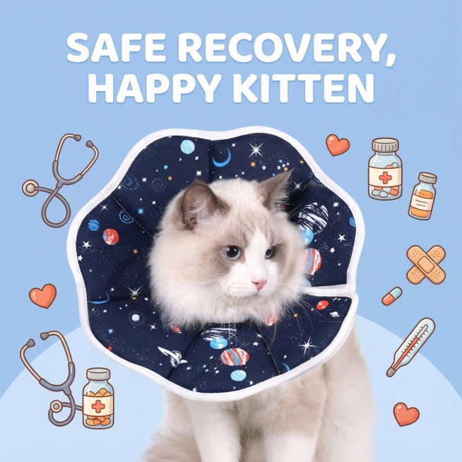 以图中的猫咪伊丽莎白圈为元素,术后恢复适用,防止幼猫舔舐伤口,设计4张跟猫咪伊丽莎白圈有关的广告图，英语,比例 「1:1」预览效果