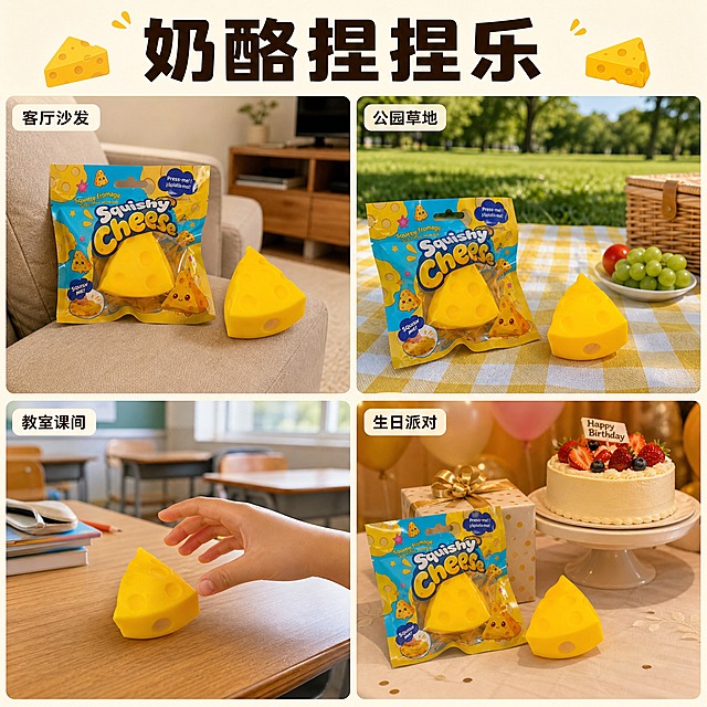 【主图-5】Squeezy Cheese 奶酪捏捏乐 多场景宫格展示 唯一任务：用 4 格不同真实场景说明多场合适用与随身携带。
【统一基调】暖黄奶酪色调 背景以米白 浅木 浅灰为主 画面明亮通透 标题使用粗黑体深棕色字 强调色为明黄 辅助文字用小号深灰黑体 圆角米白小板卡配轻微半透明底 点缀卡通奶酪圆孔小图标 主标题最大最粗 辅助文字缩小50%以上 文案横排。
【画面】满版 2x2 四格宫格 每格一个真实场景 均以产品为清晰主体 占比约55%-65% 左上格 客厅沙发 电视柜前沙发扶手摆放一袋包装与一枚奶酪本体 右上格 公园草地 野餐垫上平放包装袋与奶酪本体 阳光草地为背景 左下格 教室课间 原木课桌上放一枚奶酪本体 一只手正伸手拿取 右下格 生日派对 浅色桌布上包装袋与奶酪本体摆在蛋糕托盘旁的小礼物区 四格产品外观 颜色 结构一致并与输入图相同 每格为独立摄影质感画面 视角各不相同。
【光影质感】四格分别使用柔和室内光 明亮自然日光 教室顶光加窗光 暖色派对灯光 每格产品均带真实接触阴影与软胶质感 场景光线差异明显 产品与场景融合自然 不出现白底残留。
【配色】沿用统一基调 暖黄 米白 浅木为主 环境色低饱和 文字深棕配明黄。
【文字版式】顶部粗黑体深棕总标题 奶酪捏捏乐 每格左上角小号圆角米白标签标注场景名 客厅沙发 公园草地 教室课间 生日派对 名称与格内画面一一对应 文案横排 不遮挡产品。
【输出要求】1:1 2048x2048 四格排版整齐 文字清晰 产品清晰 负向：变形 错字 模糊 杂乱 水印 平台Logo。