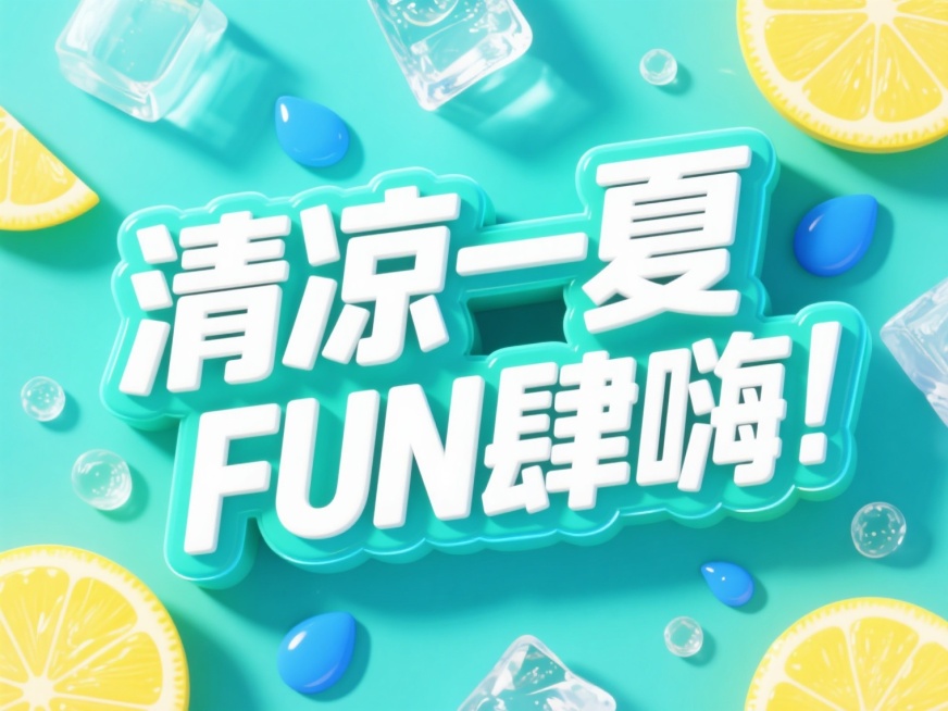 电商促销海报，夏日主题，3D立体艺术字设计，"清凉一夏 FUN肆嗨"白色粗体主标题，边缘渐变蓝绿色发光效果，背景点缀黄色柠檬片、蓝色水滴、透明冰块等夏日元素，整体色彩以清爽蓝绿色系为主，视觉层级清晰，字体选择无衬线粗体，排版活泼富有动感，信息传达高效，符合年轻消费者审美，突出夏日清凉欢快氛围，无文字信息。预览效果