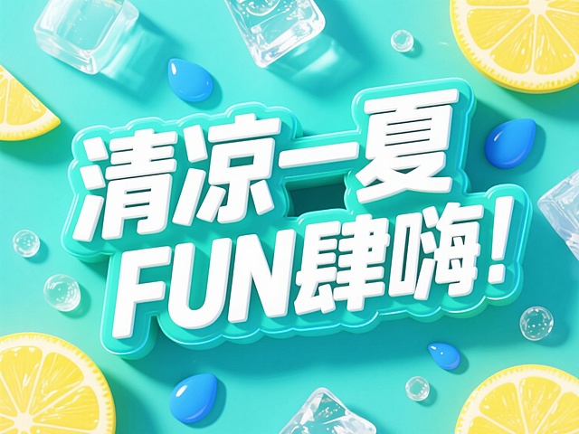 电商促销海报，夏日主题，3D立体艺术字设计，"清凉一夏 FUN肆嗨"白色粗体主标题，边缘渐变蓝绿色发光效果，背景点缀黄色柠檬片、蓝色水滴、透明冰块等夏日元素，整体色彩以清爽蓝绿色系为主，视觉层级清晰，字体选择无衬线粗体，排版活泼富有动感，信息传达高效，符合年轻消费者审美，突出夏日清凉欢快氛围，无文字信息。