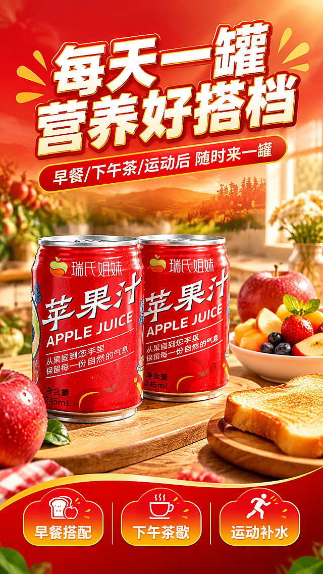 [商品] 使用【图1】瑞氏姐妹红色罐装苹果汁；保留罐体红色、银色罐口、"瑞氏姐妹"Logo、"苹果汁"大字、净含量245mL字样，罐体结构比例不变。
[画面] 单场景沉浸型场景种草页。温馨早餐/下午茶桌面场景：木质餐桌上放着两罐苹果汁，旁边有吐司面包、新鲜苹果、小份水果拼盘，阳光从侧面洒入，营造温暖惬意的日常氛围。产品位于画面中心偏左，占画面约40%，背景虚化的厨房/餐厅环境，前中后三层景深。
[视觉] 套系策略：风格=拼多多大字报式食品商业摄影，高饱和度强对比；标题字=粗黑体厚重字；正文字=简洁黑体；主色=正红+苹果红；背景延展=基于正红做深浅渐变、光晕、果园剪影层次；强调色=金黄，用于小面积标签、图标、高光点缀；标题色=白色+金黄描边；正文色=白色/浅黄；组件=圆角红黄渐变信息卡、粗线条引线、爆炸贴标签；光影=自然暖光侧逆光，桌面有柔和阴影，生活感强。
[文字] 顶部红底白字大标题"每天一罐 营养好搭档"，下方副标题"早餐/下午茶/运动后 随时来一罐"，底部配3个小场景标签："早餐搭配""下午茶歇""运动补水"。文字全部横排，字号大，手机端清晰可读。
[规格] 图片比例9:16竖版，4K，避免变形、错字、文字过小、冷蓝背景、罐体颜色改变、包装文字错乱。