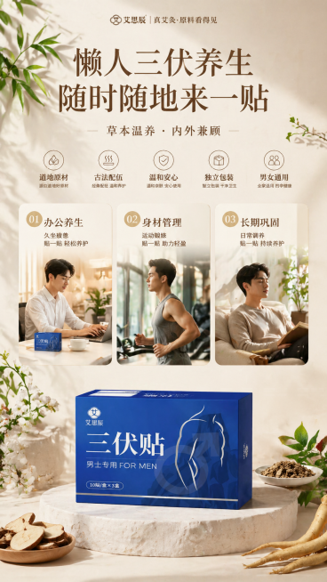 整体色调风格背景参考图一，产品是图二的男士专用三伏贴，整体高级有立体感，画面尺寸比例9:16，主标题文字："懒人三伏养生 随时随地来一贴"，分三点展示场景：办公养生、身材管理、长期巩固，保留浅米色背景预览效果