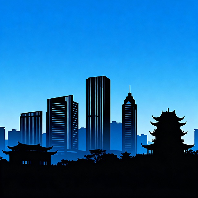 给我生成一副温州标志性建筑群的剪影，蓝色渐变