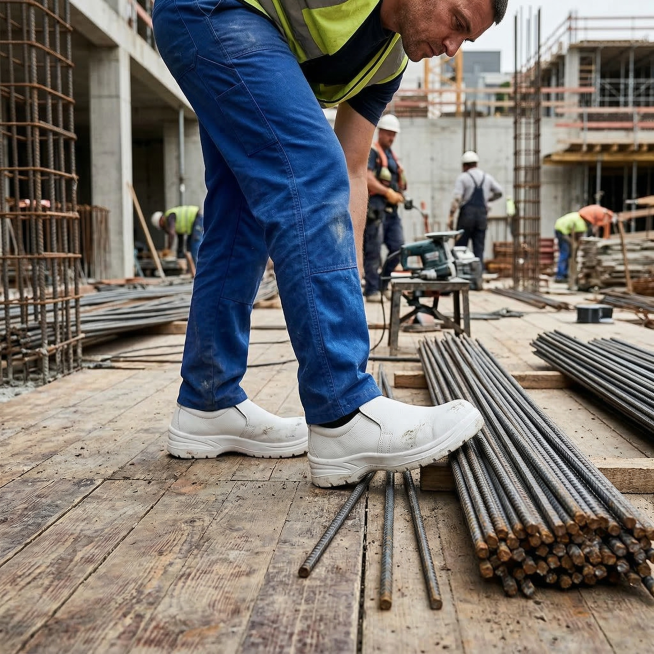 工作人员穿着这款白色的工作安全鞋，站在木地板和钢筋旁边的工作场景，真实工业风摄影，清晰展示鞋子，背景是工地工作环境预览效果