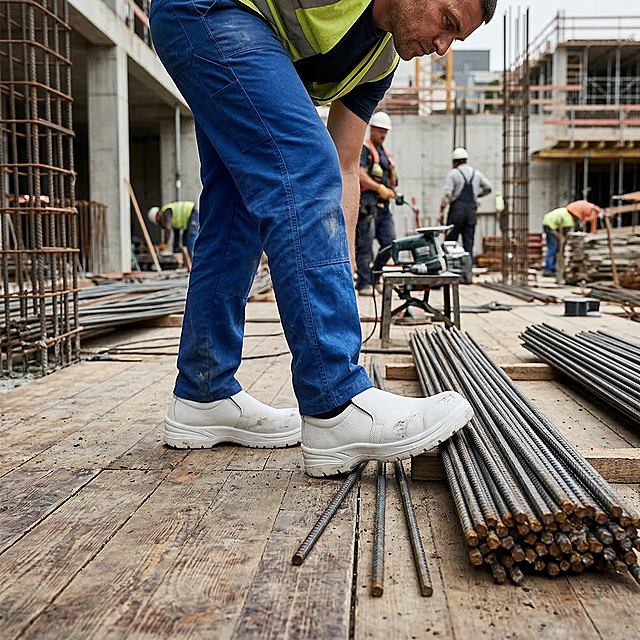 工作人员穿着这款白色的工作安全鞋，站在木地板和钢筋旁边的工作场景，真实工业风摄影，清晰展示鞋子，背景是工地工作环境