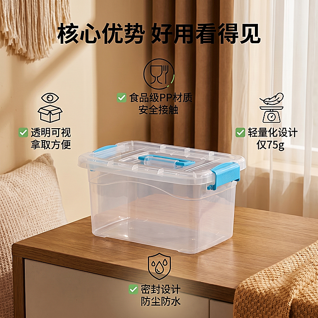加深产品和背景的颜色对比度，让透明收纳盒主体更突出，整体风格仍保持温馨舒适家居治愈风，不改变原有构图、文字排版和产品结构，只调整背景和产品的色彩对比
