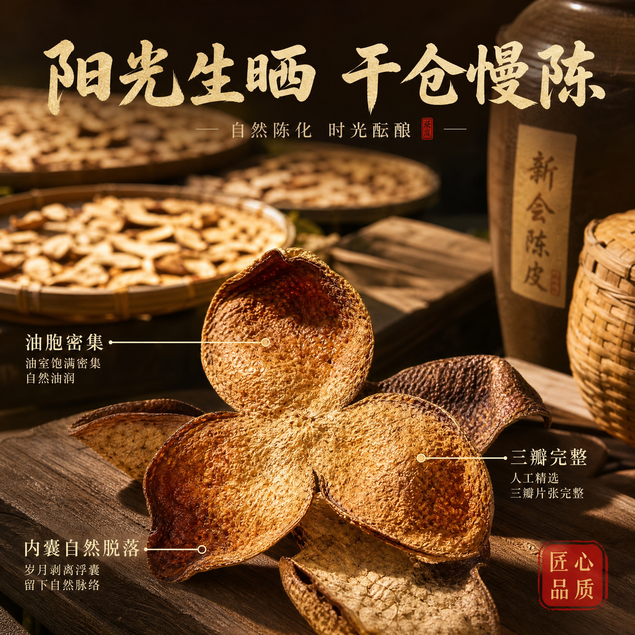 [主图-3] 新会陈皮工艺细节主图，核心任务是展示阳光生晒干仓… - 图片创意预览