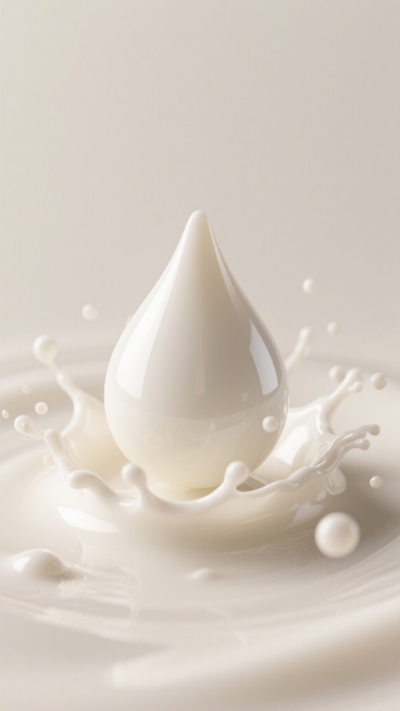 超写实3D摄影风格，纯净柔和的米白色背景，中央是一滴形态完美、表面光滑且富有高光反射的牛奶水滴，水滴底部周围环绕着动态飞溅的奶花和悬浮的细小奶滴，整体光影柔和，高光细腻，阴影过渡自然，营造出清新、纯净、富有质感的氛围，展现奶制品的丝滑与纯净特性。预览效果