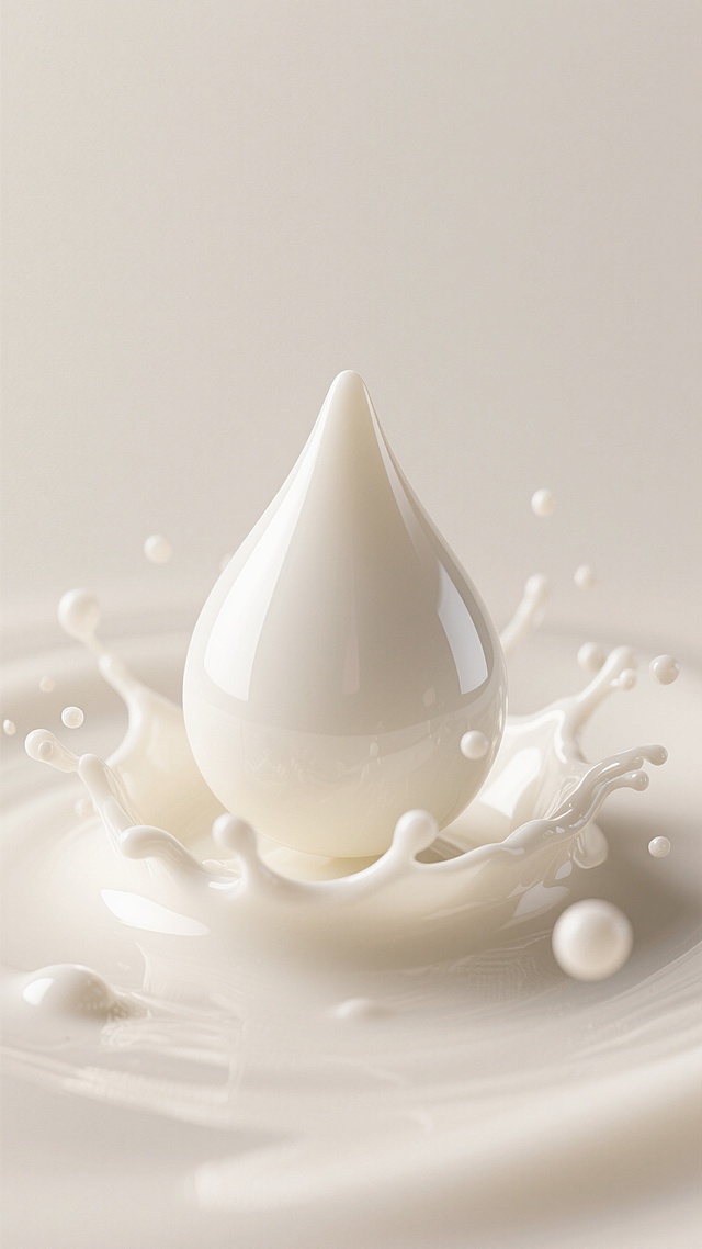 超写实3D摄影风格，纯净柔和的米白色背景，中央是一滴形态完美、表面光滑且富有高光反射的牛奶水滴，水滴底部周围环绕着动态飞溅的奶花和悬浮的细小奶滴，整体光影柔和，高光细腻，阴影过渡自然，营造出清新、纯净、富有质感的氛围，展现奶制品的丝滑与纯净特性。