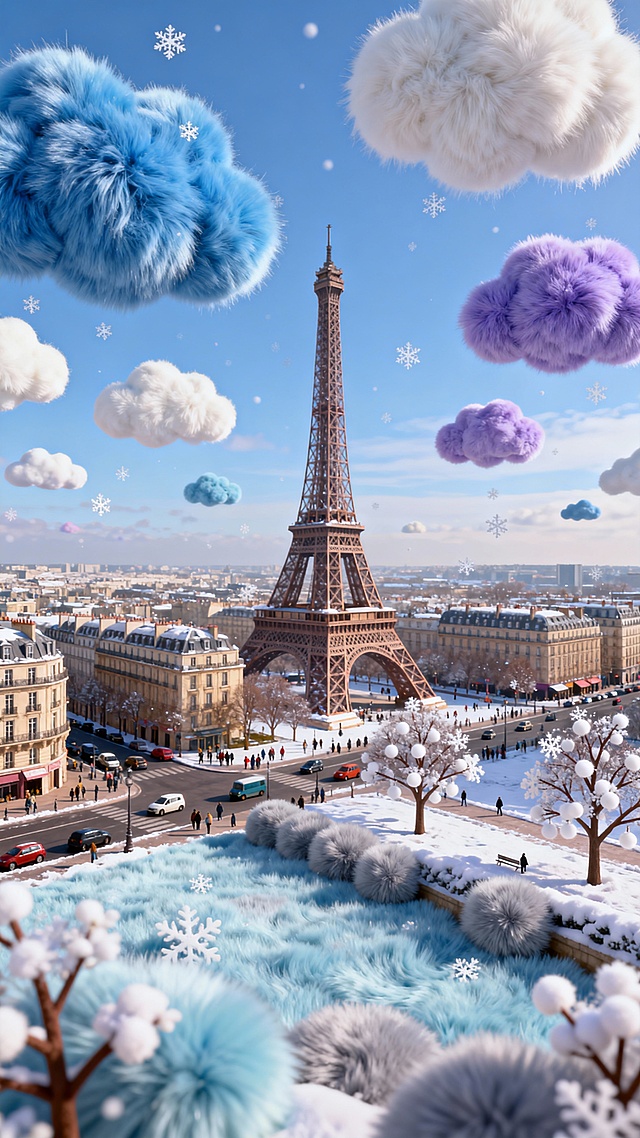 晴空万里的冬季法国巴黎埃街头，柔绒重构冬日建筑