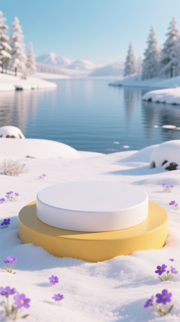 画面主体两层圆形展台（白+暖黄），地面覆盖雪，点缀少量紫色小花，背景是雪景、湖泊，整体画面明亮通透，3D虚拟自然环境。预览效果