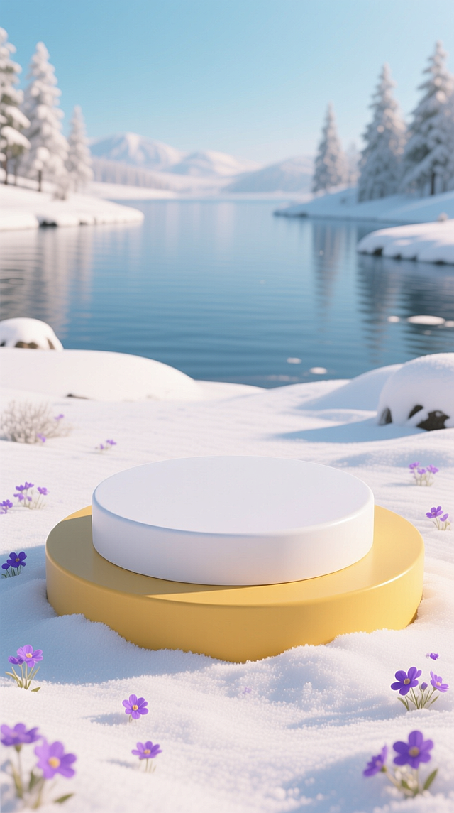 画面主体两层圆形展台（白+暖黄），地面覆盖雪，点缀少量紫色小花，背景是雪景、湖泊，整体画面明亮通透，3D虚拟自然环境。