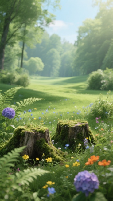 超写实风格的森林植物背景，明亮柔和的自然光从画面上方洒落，形成清晰的光影层次，前景是两个布满苔藓和小草的树桩，周围环绕着茂密的绿色蕨类植物、羽状复叶和多种野花，包括紫色绣球花、黄色小花和橙色花朵，中景是起伏的绿色草坪，点缀着零星的蓝色小花和低矮灌木丛，背景是模糊的绿色树木和淡蓝色天空，整体色调以清新的绿色为主，搭配丰富的花朵色彩点缀，营造出宁静、生机勃勃的自然氛围，画面构图采用自然的纵深布局，……预览效果