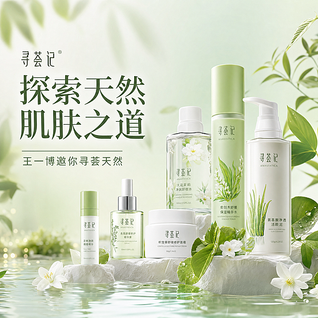 寻荟记专题页首屏Banner，清新自然风格，绿色植物背景，展示品牌logo'寻荟记'，主标题'探索天然 肌肤之道'，副标题'王一博邀你寻荟天然'，包含产品主图展示，简约现代设计，留白充足，符合电商专题页风格