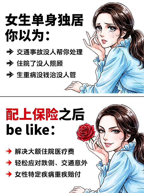 保险推荐独居女性险种重疾医疗险小红书封面对比图热梗玩梗配图搞笑表情包装哭自媒体宣传营销获客漫画风