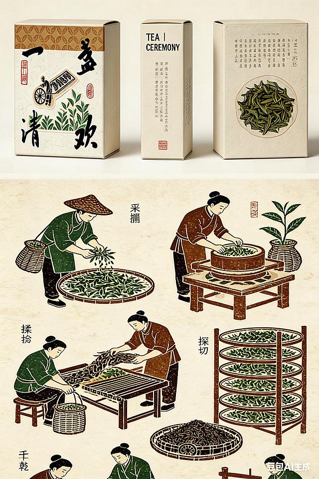 茶叶包装设计，保持用户提供的第一张拓印茶叶包装的风格，展示该包装的正面、侧面、背面三个面，将第二张拓印制茶工艺图放在整体设计的下方，整体风格统一为传统拓印风格，质感古朴