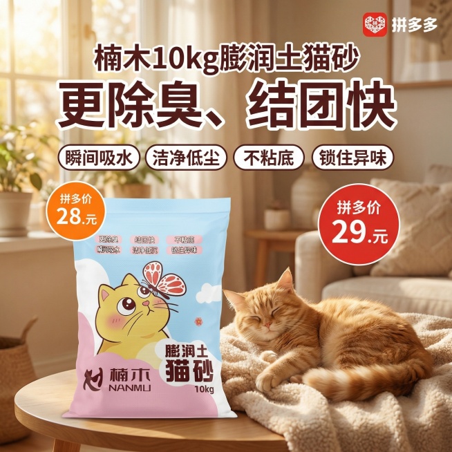 我的产品是猫砂，用我提供多产品图帮我做10张拼多多用的主图预览效果