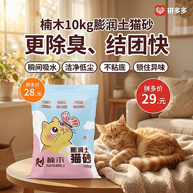我的产品是猫砂，用我提供多产品图帮我做10张拼多多用的主图