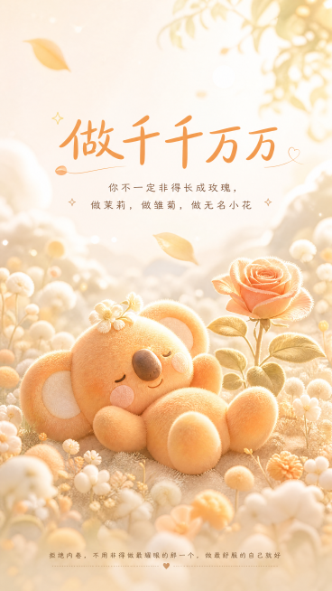 保持现有温暖治愈毛绒风格，IP形象是图中的橙色考拉懒宝，懒宝坐在一片花丛中，头上顶着一朵不知名的小野花，四脚朝天，呈现非常惬意松弛的状态。旁边有一朵艳丽的玫瑰。主文案："做千千万万"。副文案："你不一预览效果
