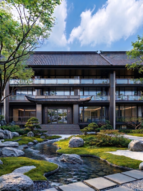 对画面各材质进行高清修复，重点修复玻璃的反光、水、植物的质感，要求真实自然；同时优化建筑的细节，确保各材质衔接准确，不改变整体视角和透视，制作日光冷光源的效果预览效果