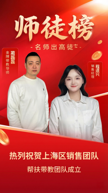 将原海报标题“销售战报”修改为“师徒榜”，副标题修改为“名师出高徒”，保留原红色背景和金币装饰风格，保留底部“热烈祝贺上海区销售团队帮扶带教团队成立”文字，保留左侧蔺磊磊金牌带教导师的信息和人物，依次预览效果
