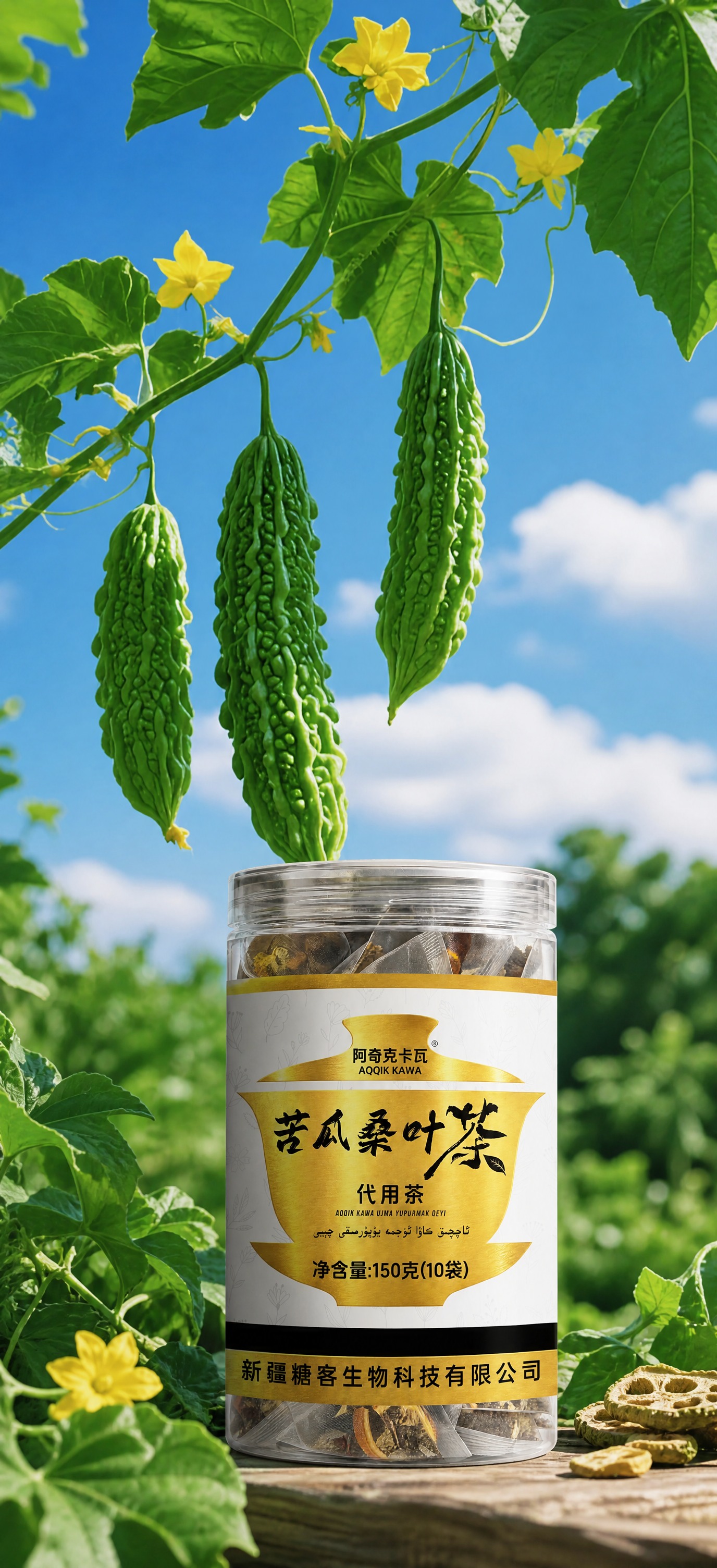 将第二张图中的苦瓜桑叶茶产品罐自然地合成到第一张苦瓜藤场景图中… - 图片创意预览