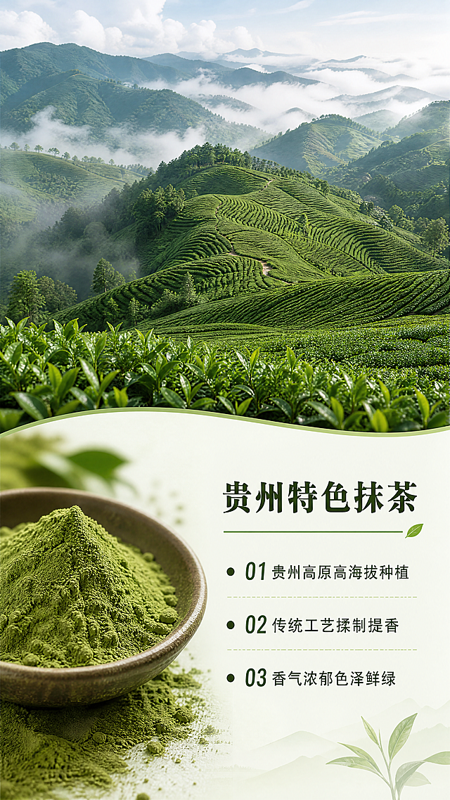 [第2屏] 产地特色展示屏，贵州特色抹茶原料介绍。本屏为原料产地展示，文生图创作。
[氛围/风格] 自然清新茶园风，真实场景质感，绿色治愈氛围。
[元素布局] 画面上方为贵州高山茶园实景图，连绵的绿色茶田云雾缭绕；下半部分左侧放置抹茶粉特写，右侧放置文字介绍，整体采用上下分栏布局，上半部分占比60%，下半部分占比40%。保持风格统一，元素清晰。
[光影质感] 自然光漫射效果，茶园光线柔和通透，整体明亮自然，绿色层次分明。
[配色色系] 全局底色：#F2F9F4（浅绿米白）；主体配色：#3A9142（茶园深绿）+#5A3E2B（抹茶棕）+#2C4A24（标题深绿）；辅助色同首屏保持一致。
[视角构图] 茶园为远景俯视，抹茶粉为近景特写，构图层次清晰，阅读从上到下。
[文字版式] 左上角大标题「贵州特色抹茶」，圆角黑体，深绿色纯色填充，字号占画面宽度7%；标题下方分三点介绍：「01 贵州高原高海拔种植」「02 传统工艺揉制提香」「03 香气浓郁色泽鲜绿」，每行文字左侧带深绿色小圆点标识，文字清晰，行间距充足，不遮挡核心场景。
[比例分辨率] 9:16 竖版比例，4K分辨率，文字清晰可辨，超高清。
[负向提示词] 文字错乱，场景杂乱，过度曝光，色彩失真，虚假场景