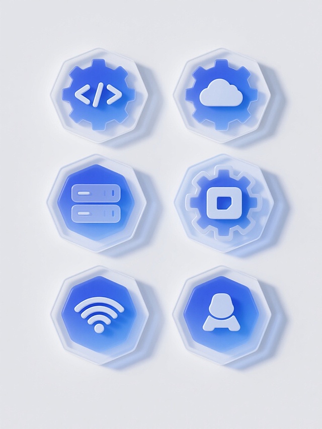 纯白背景上，六个完全不同的科技类图标组成的规整排布集合，每个图标均采用与原图一致的3D立体风格，具有半透明渐变的蓝色主色调与白色边框，六边形主体结构搭配齿轮状环绕设计，底部带有轻微的蓝色渐变投影，图标内容分别为代表不同科技类目的符号：如代码、服务器、云存储、数据库、网络信号、人工智能等，保持统一的光影效果、材质质感和设计语言，整体呈现出简洁、现代、科技感十足的视觉氛围。