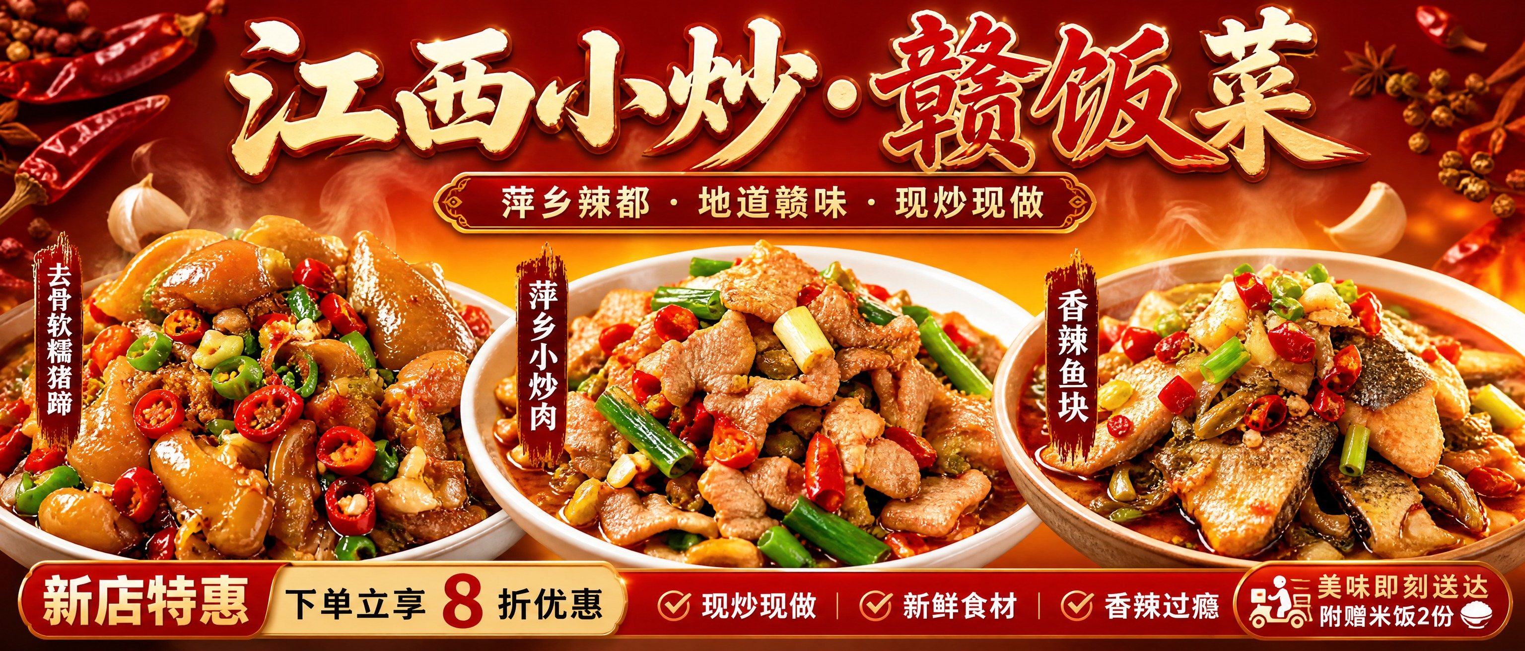 外卖店铺横幅海报设计，尺寸1053x264px，超宽横版构图，… - 图片创意预览