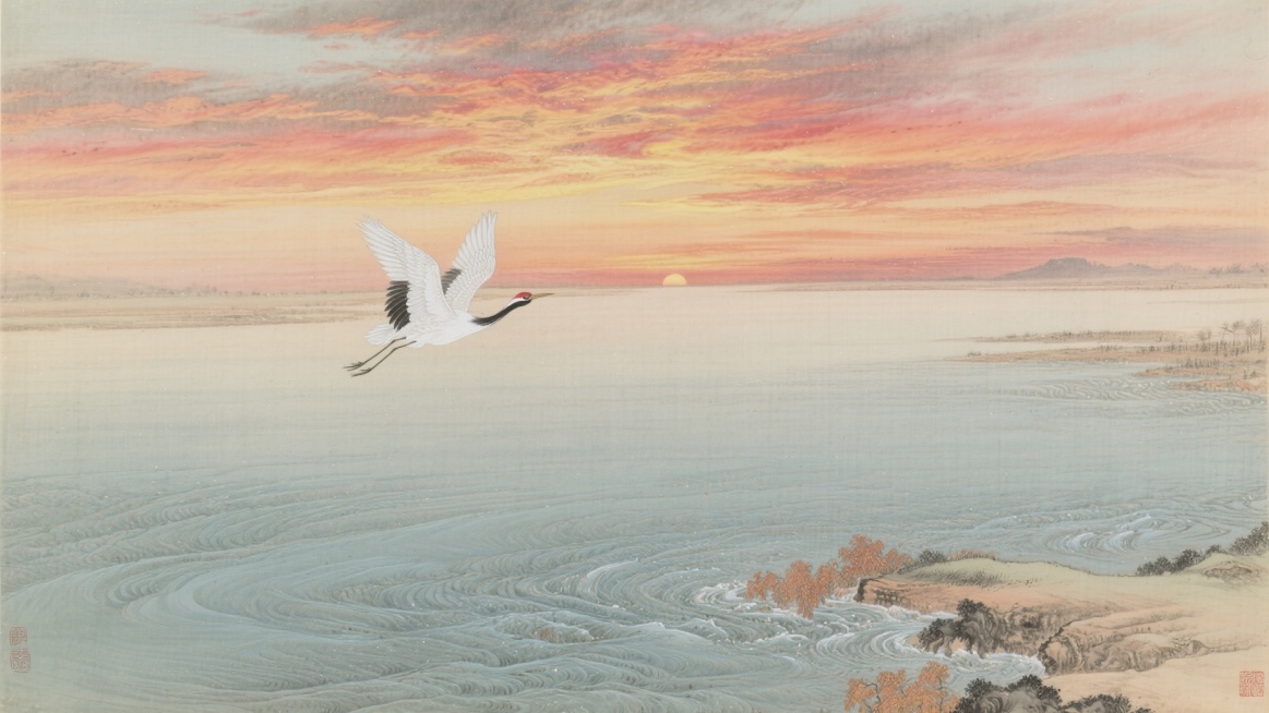 工笔画风格，描绘傍晚时分的壮丽景象，天边绚烂的落霞色彩斑斓，一只孤鹜展翅高飞，与晚霞融为一体，清澈的秋水波光粼粼，水面与广阔的天空在远处交汇，形成水天一色的绝美画面，意境悠远宁静，笔触细腻工整，色彩典预览效果